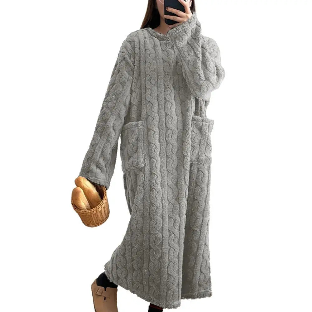 VINTER NATTKLÄNNING DAM LÅNGÄRMAD FLANEL, LOOSE PASSFORM, DUBBELFICKA, ENFÄRGAD SOVKLÄDER