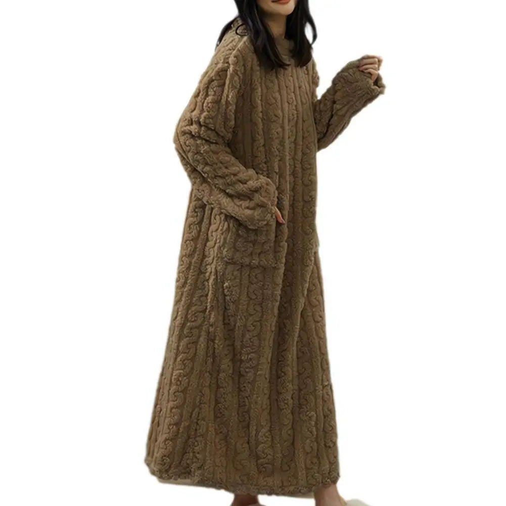 VINTER NATTKLÄNNING DAM LÅNGÄRMAD FLANEL, LOOSE PASSFORM, DUBBELFICKA, ENFÄRGAD SOVKLÄDER